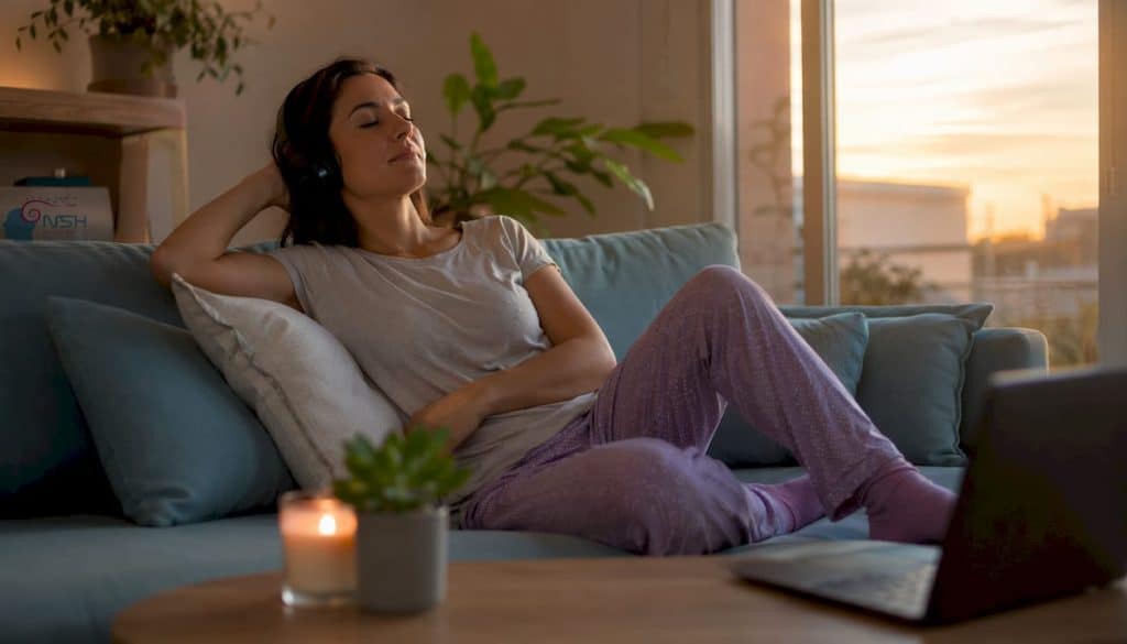 Mujer descansando en la cama mientras escucha audios para conciliar el sueño